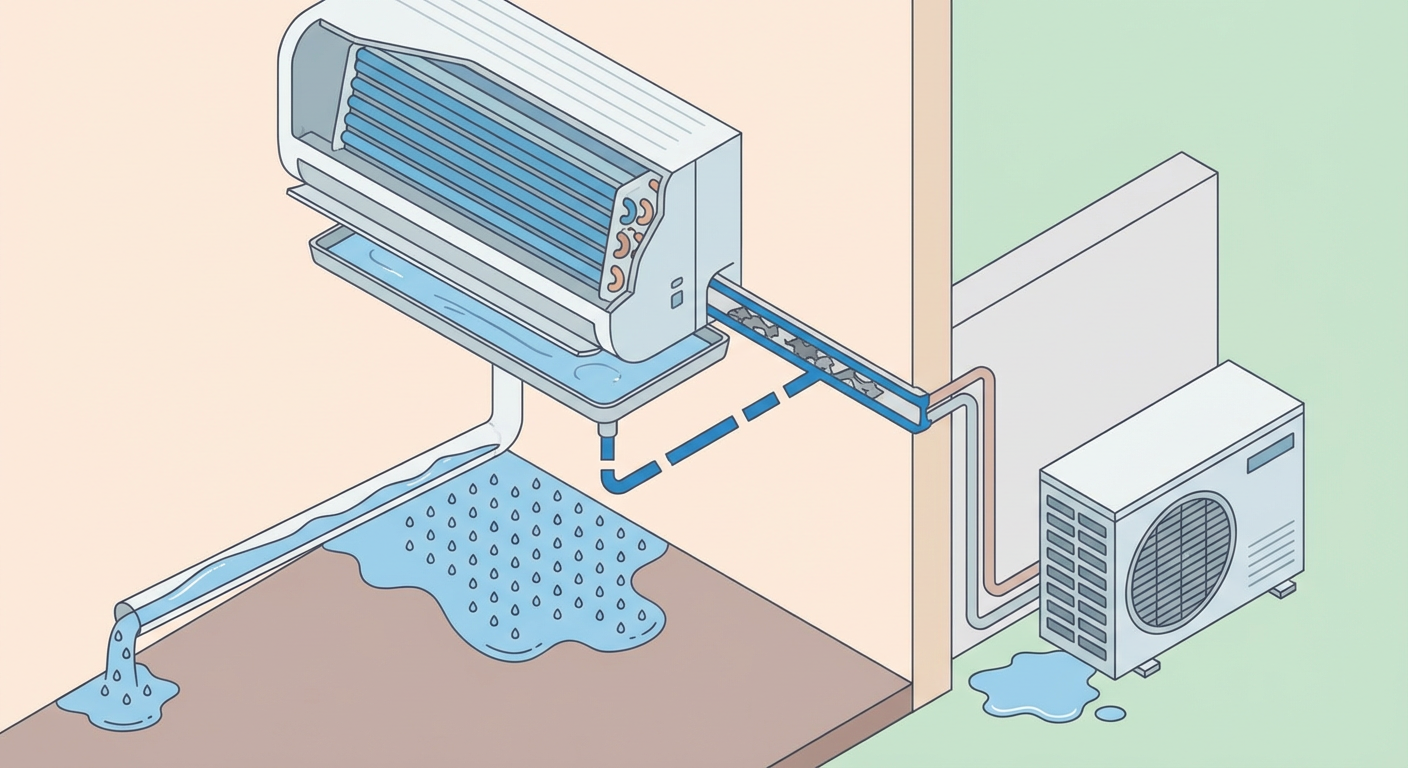 エアコン水漏れの主な原因を示した断面図イラスト