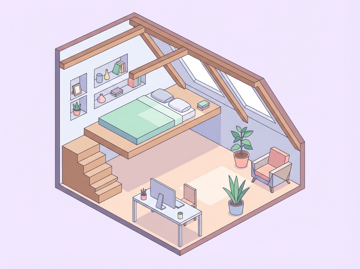 屋根裏部屋のイメージイラスト（アイソメトリック風）