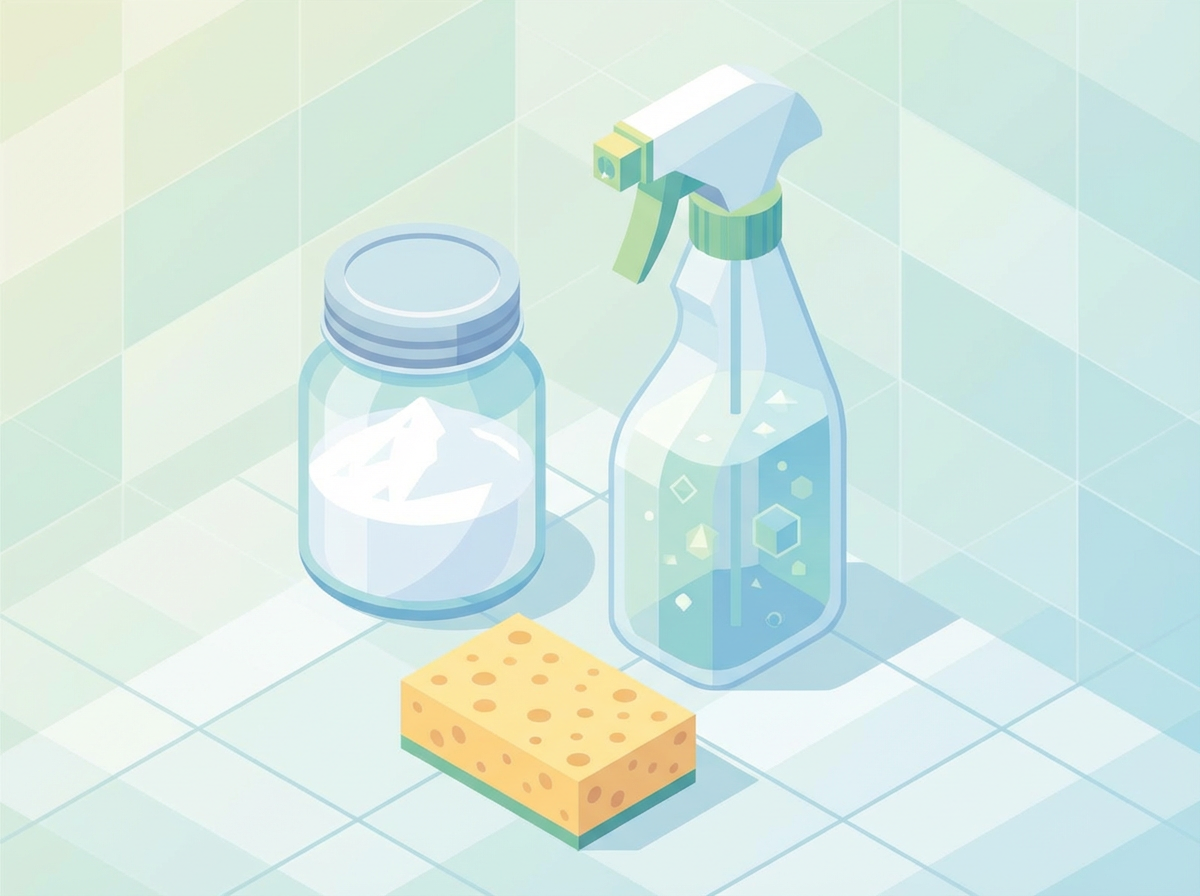 重曹の粉末と掃除道具(スプレーボトル・スポンジ)を並べたイメージ