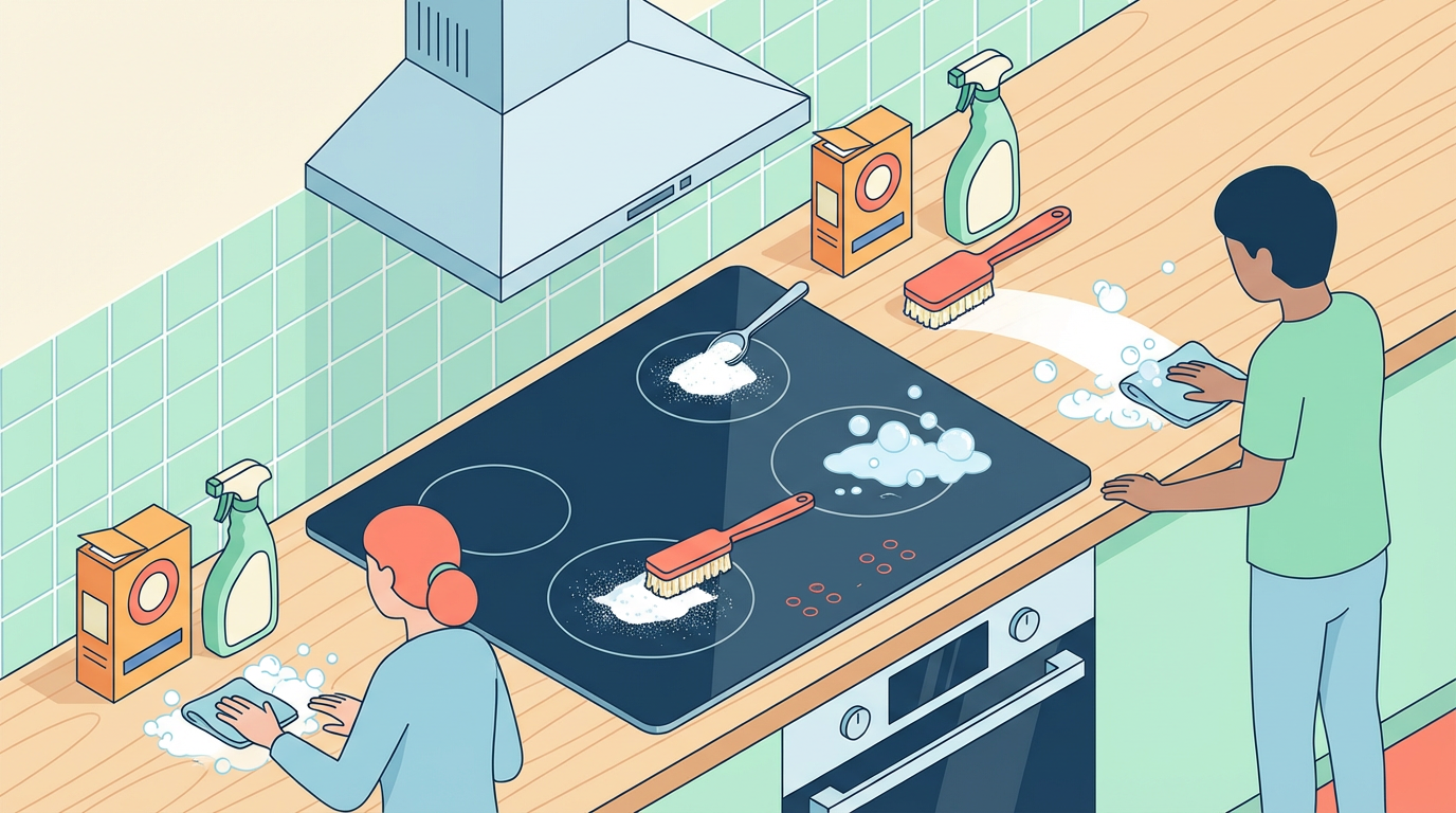 キッチンのコンロ周りを重曹で掃除しているイメージ