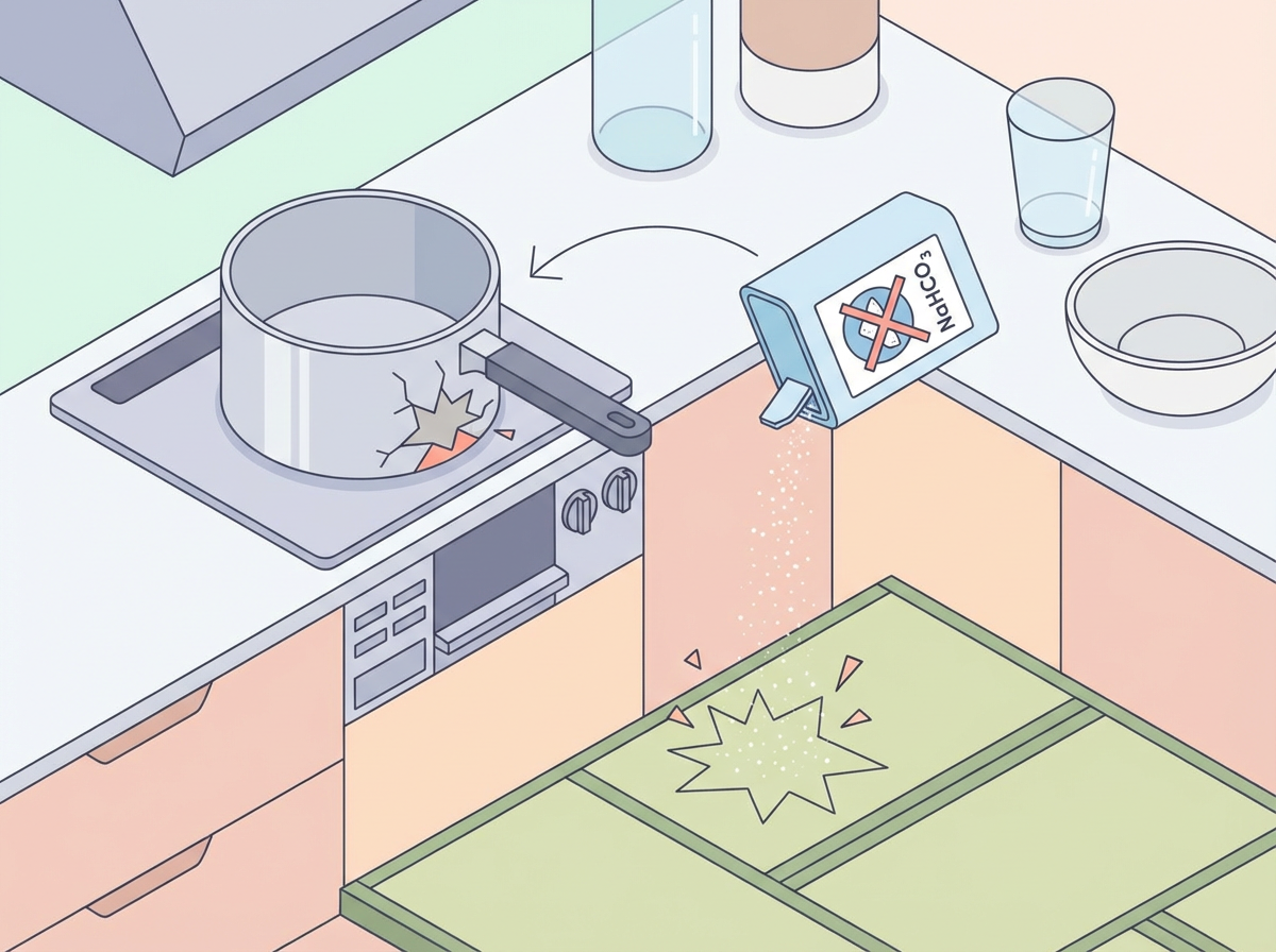 アルミ鍋や畳など重曹NGの素材を示すイメージ