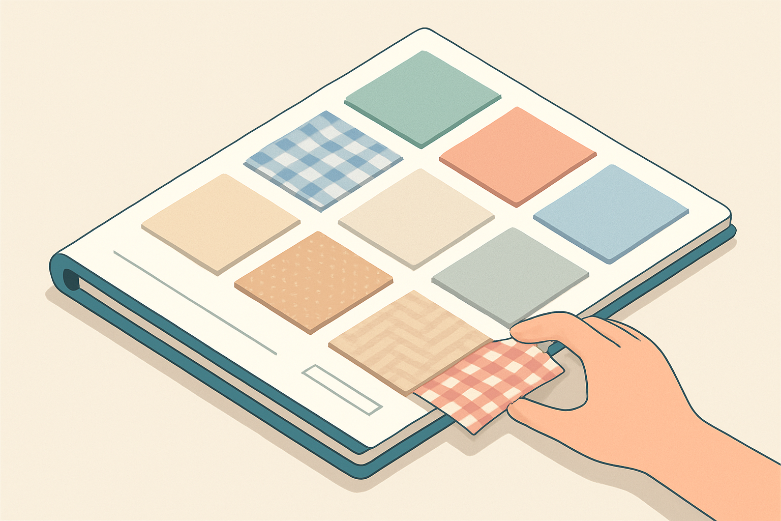 クロスのサンプル帳を開いて色柄を比較しているイメージ