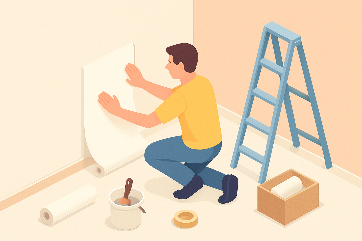 DIYでクロスを貼っている作業風景のイメージ