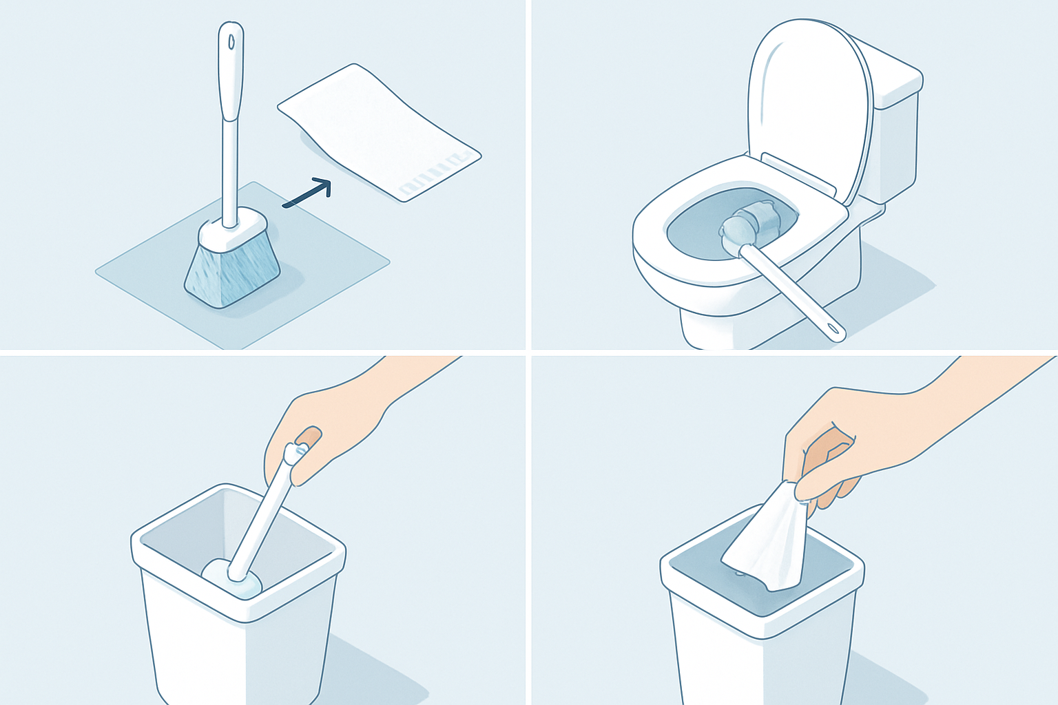 使い捨てトイレブラシの使い方手順イメージ