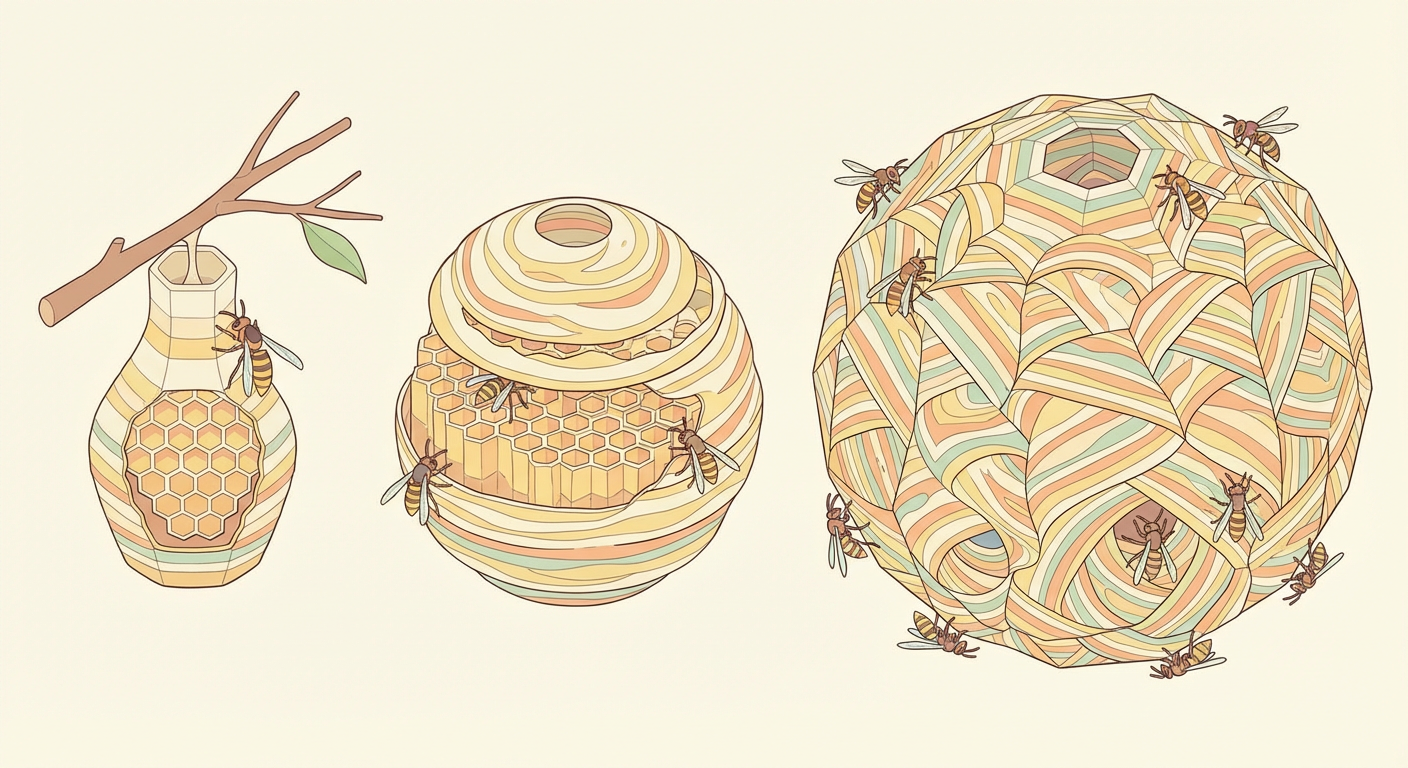 スズメバチの巣の成長段階（初期のとっくり型→球状への変化イメージ）