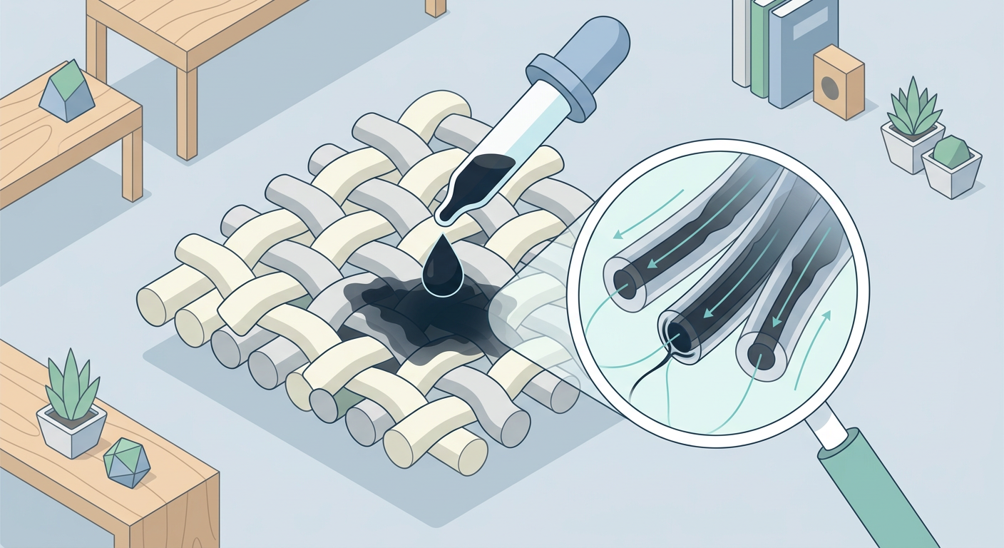 墨汁が繊維に染み込んでいるイメージ図