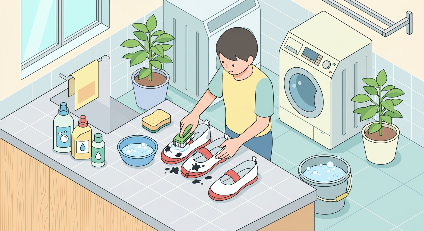 上履きの墨汁汚れを落としているイメージ