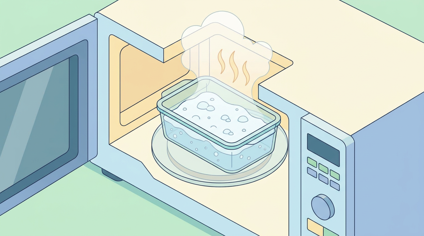 耐熱容器に重曹水を入れて電子レンジで加熱しているイメージ