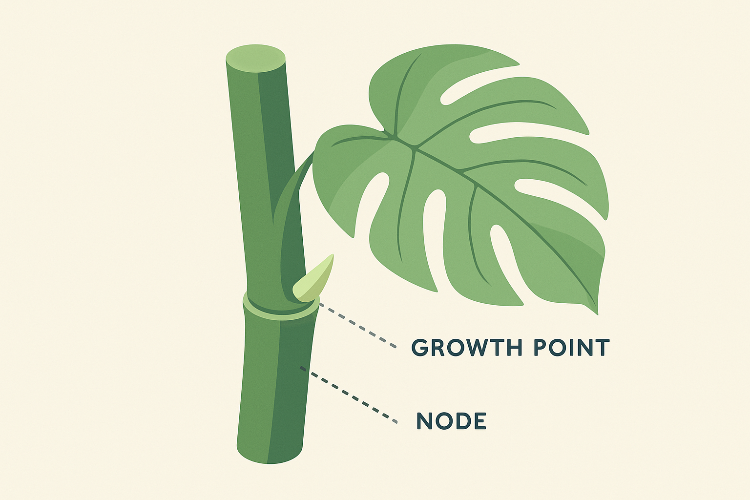 モンステラの茎の節と成長点を示す図解