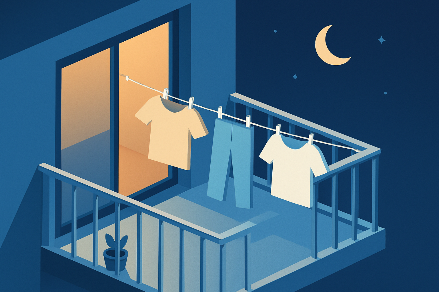 夜のベランダに干された洗濯物のイメージ