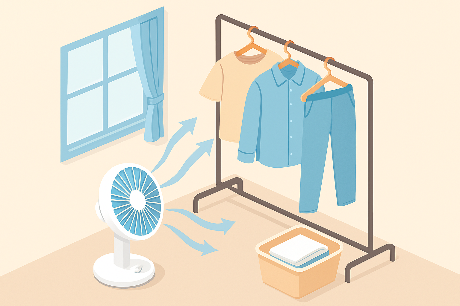 部屋干しでサーキュレーターを使っている様子