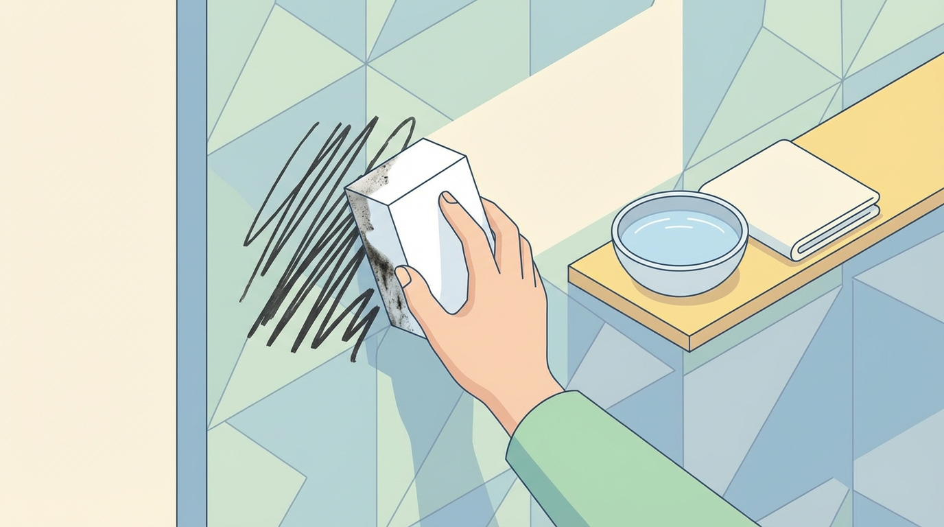 壁紙の油性マジック汚れにメラミンスポンジを使う様子