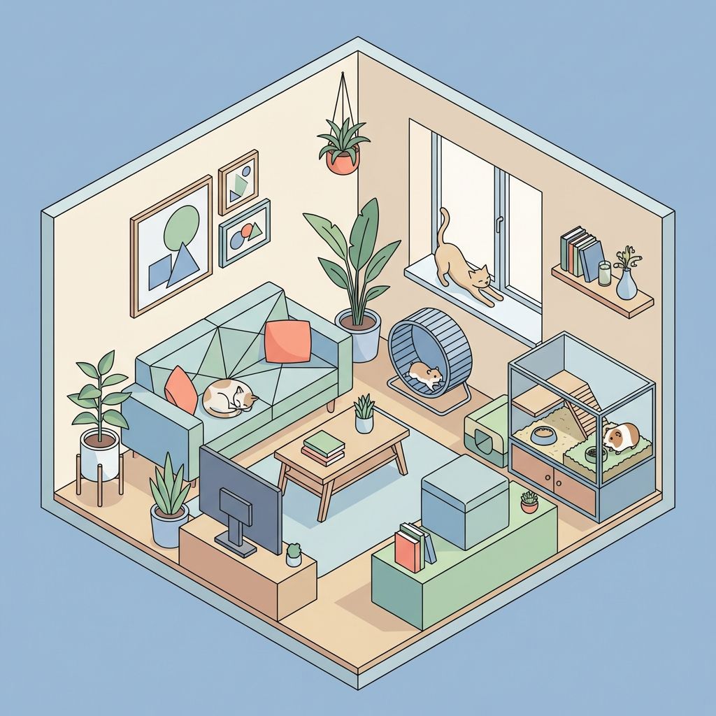 一人暮らしの部屋でくつろぐペット（猫や小動物）のイメージ