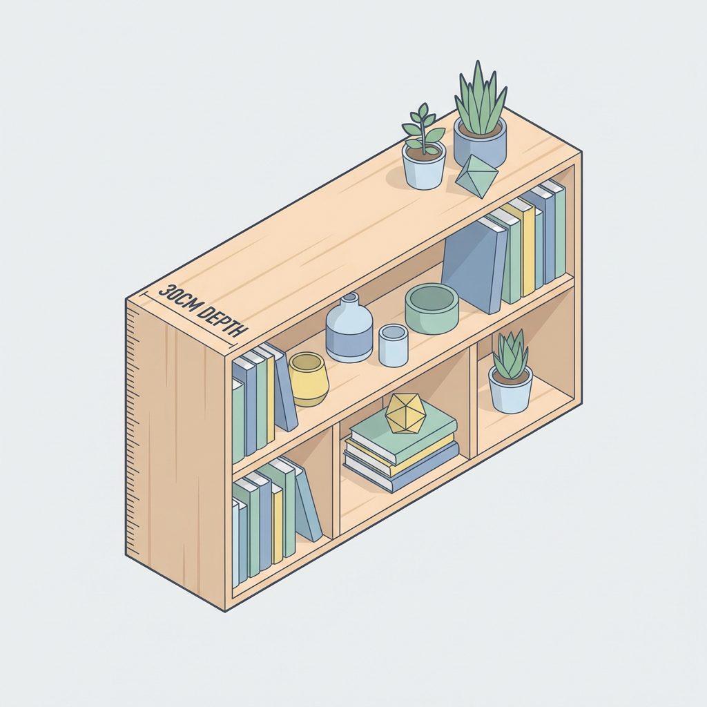 奥行30cmの棚に本や小物が整理されている様子のイメージ