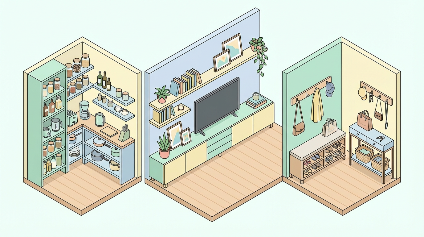 キッチン・リビング・玄関など場所別の奥行30cm収納イメージ