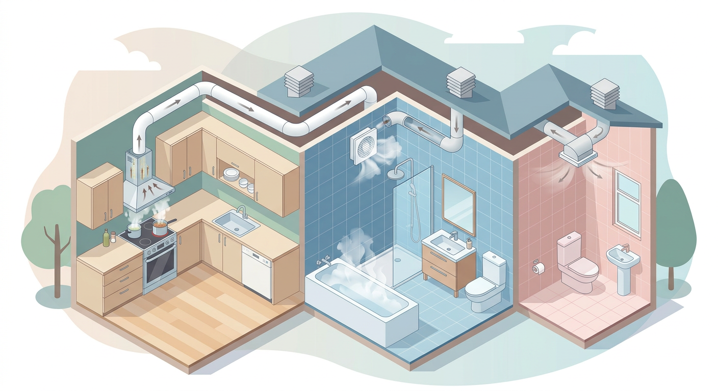 キッチン・浴室・トイレの換気扇イラスト(場所別比較のイメージ)