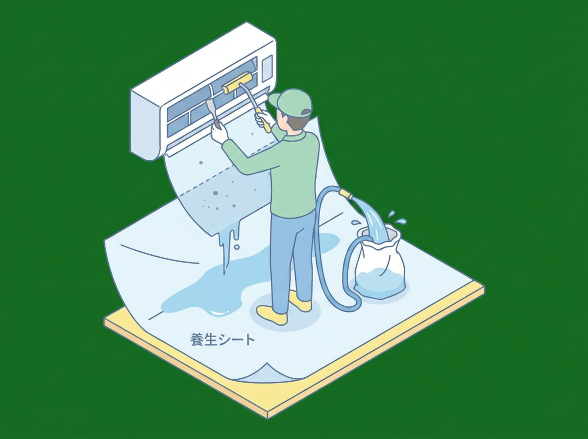 エアコン下に養生シートを敷いて掃除している様子