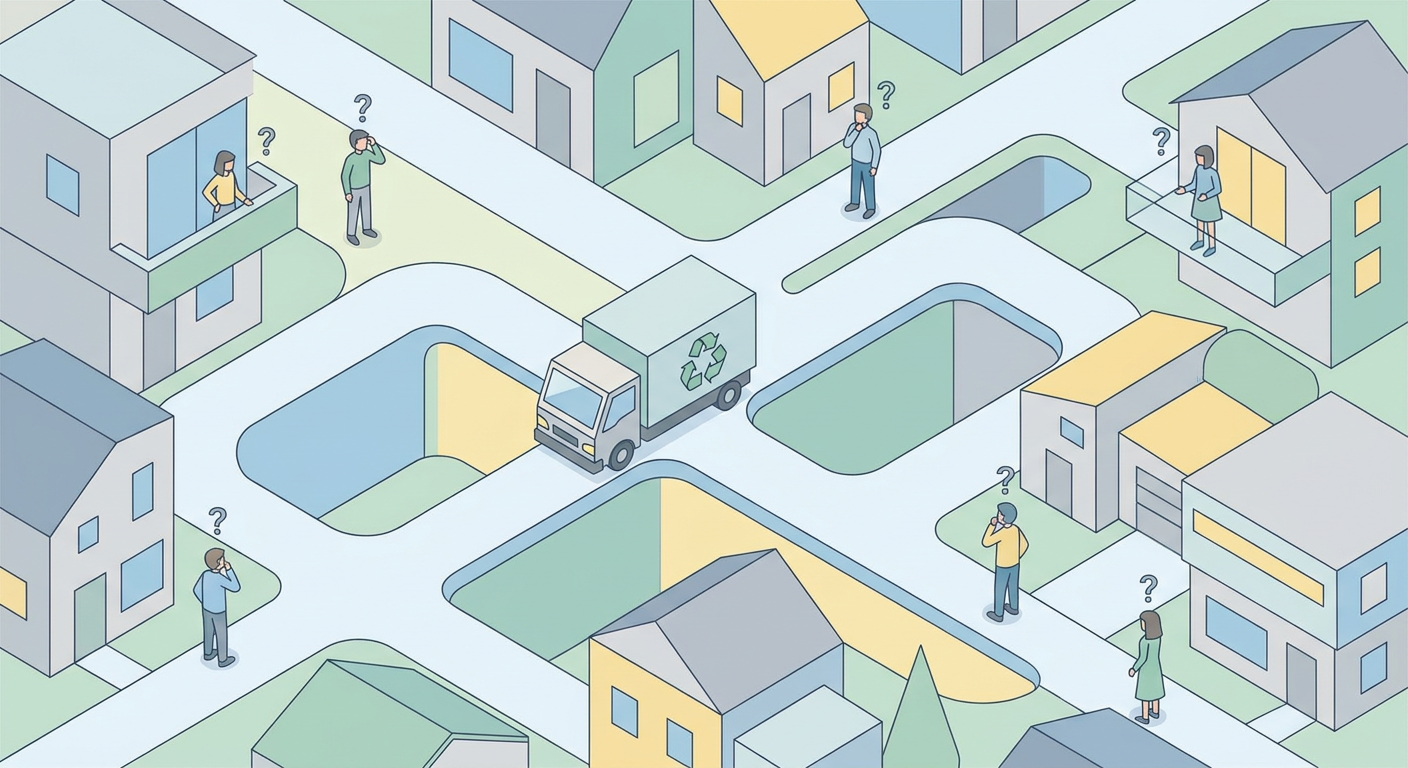 トラックを巡回させる業者と困惑する住民のイメージイラスト