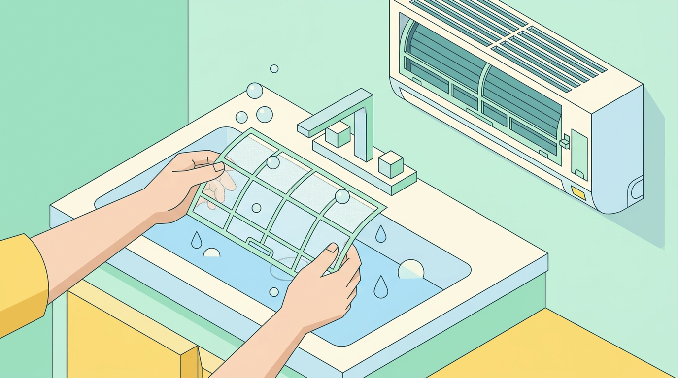 エアコンのフィルターを外して水洗いしているクリーンな手元
