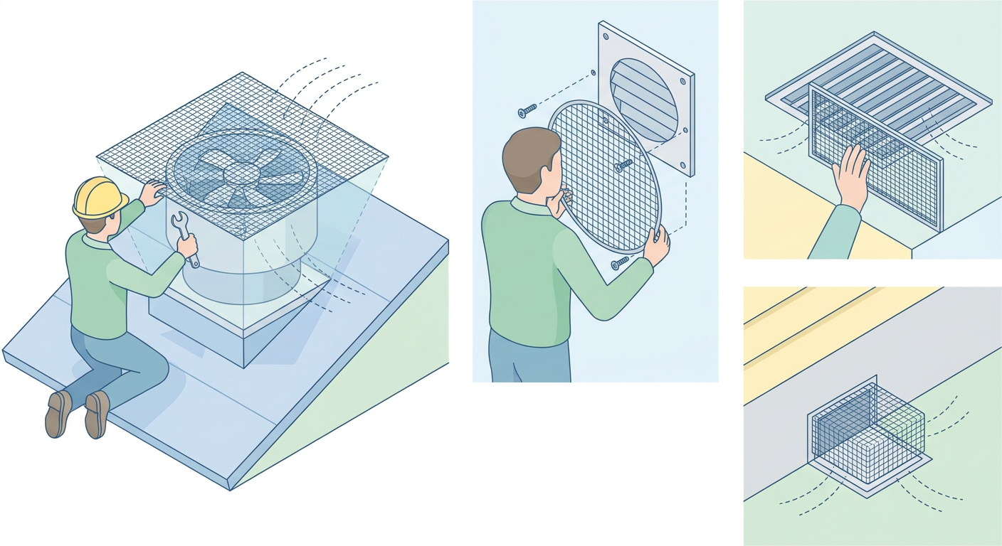 通気口や換気口に金網を設置している様子のイラスト