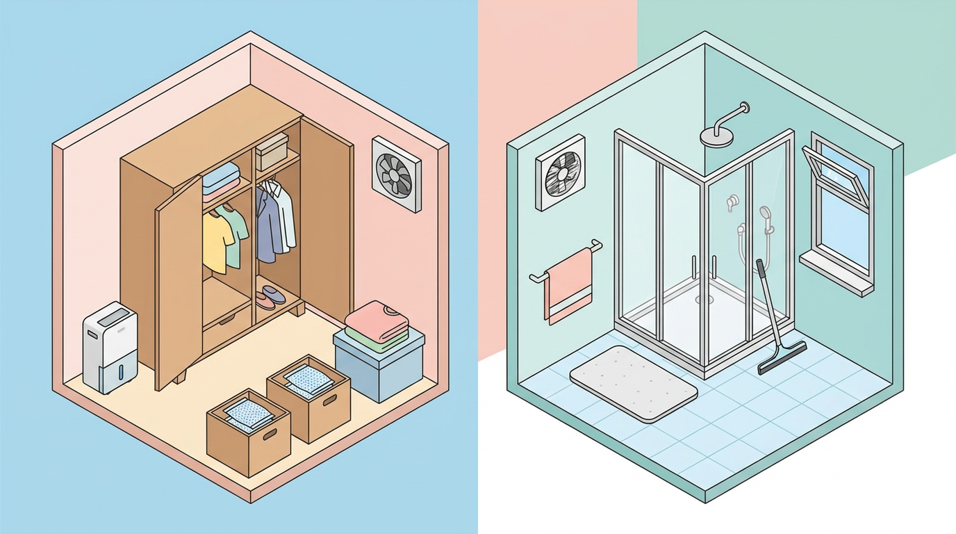 クローゼットや水回りなど場所別の湿気対策をイメージしたイラスト