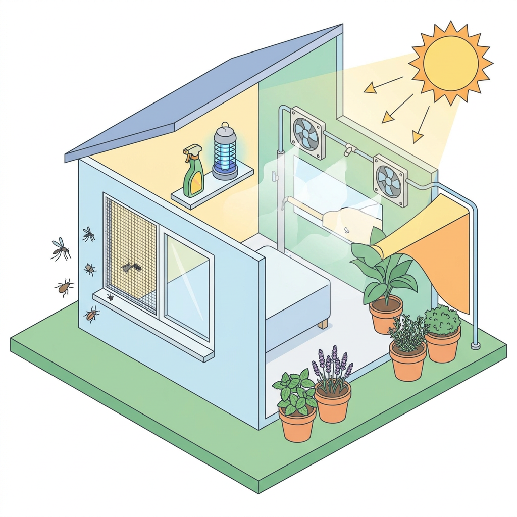 猛暑の住まいや網戸まわり、夏後半の害虫対策をイメージさせるアイソメトリック風の図