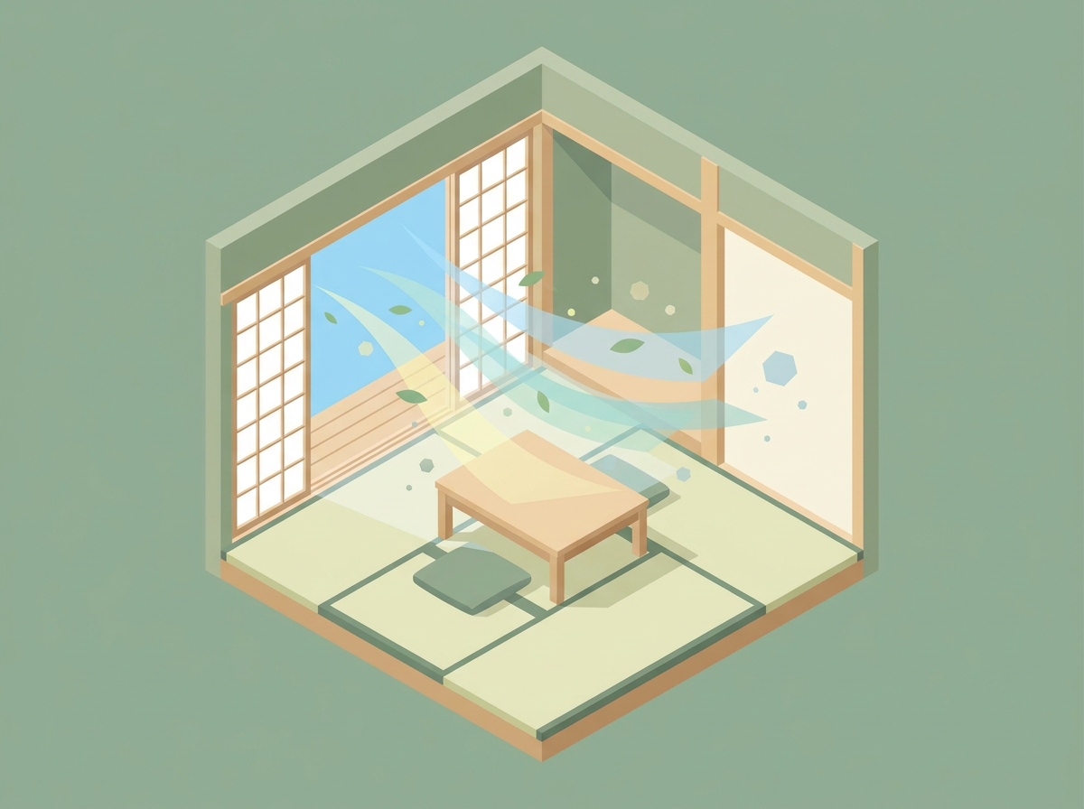 窓を開けて風を通し、畳の部屋を換気している様子