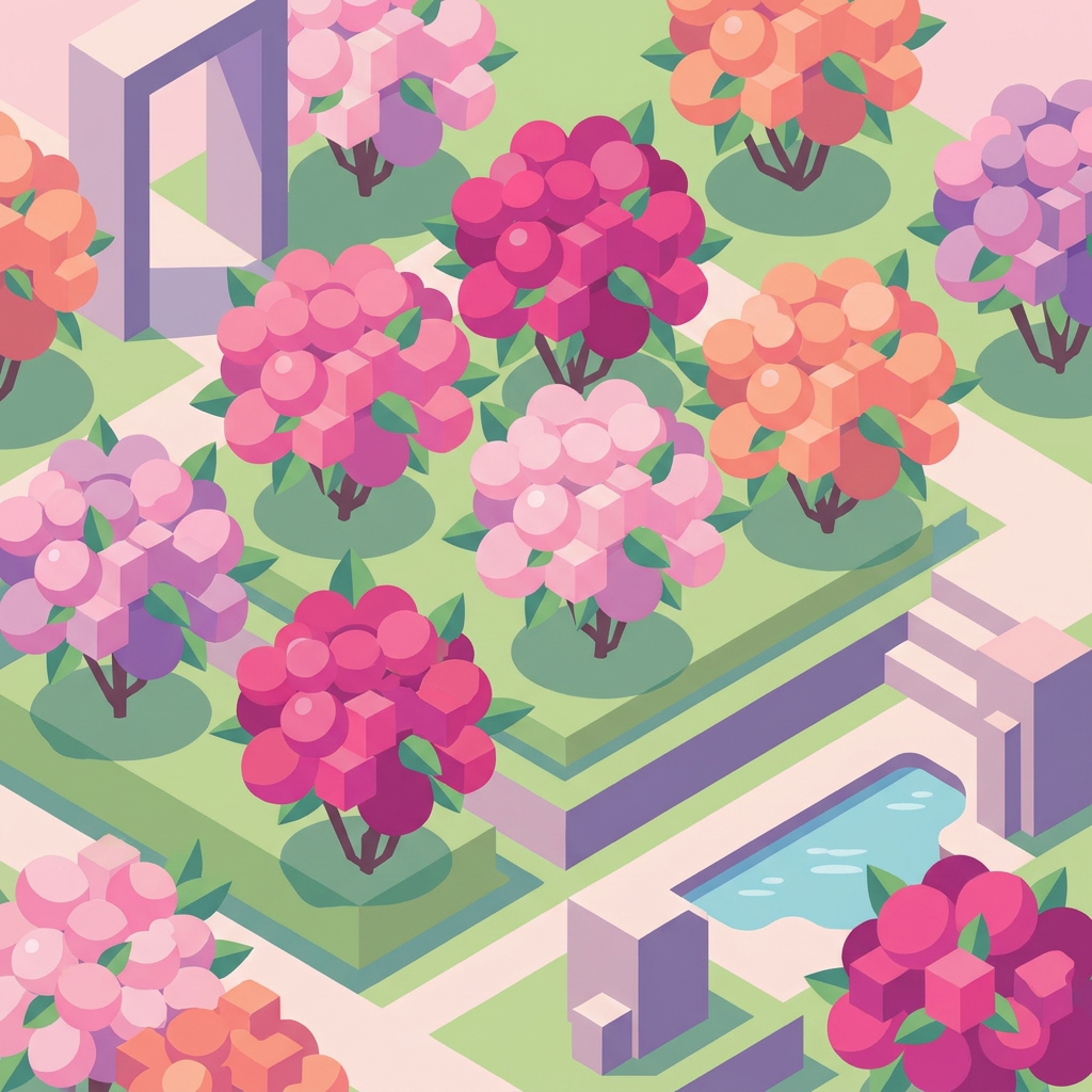 満開のつつじの植え込みのアイソメトリックイラスト
