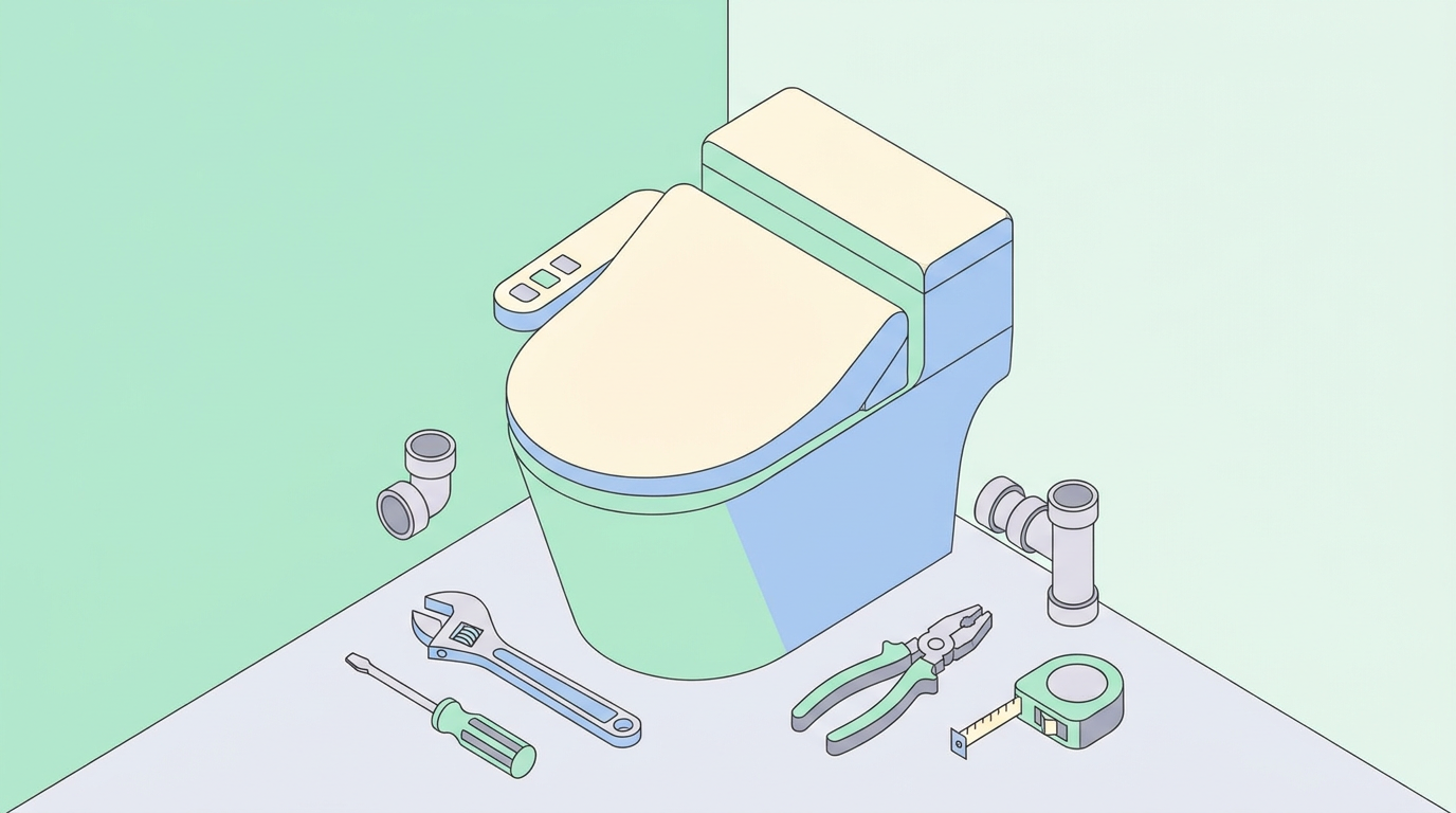 トイレに設置されたウォシュレットと工具のイメージ
