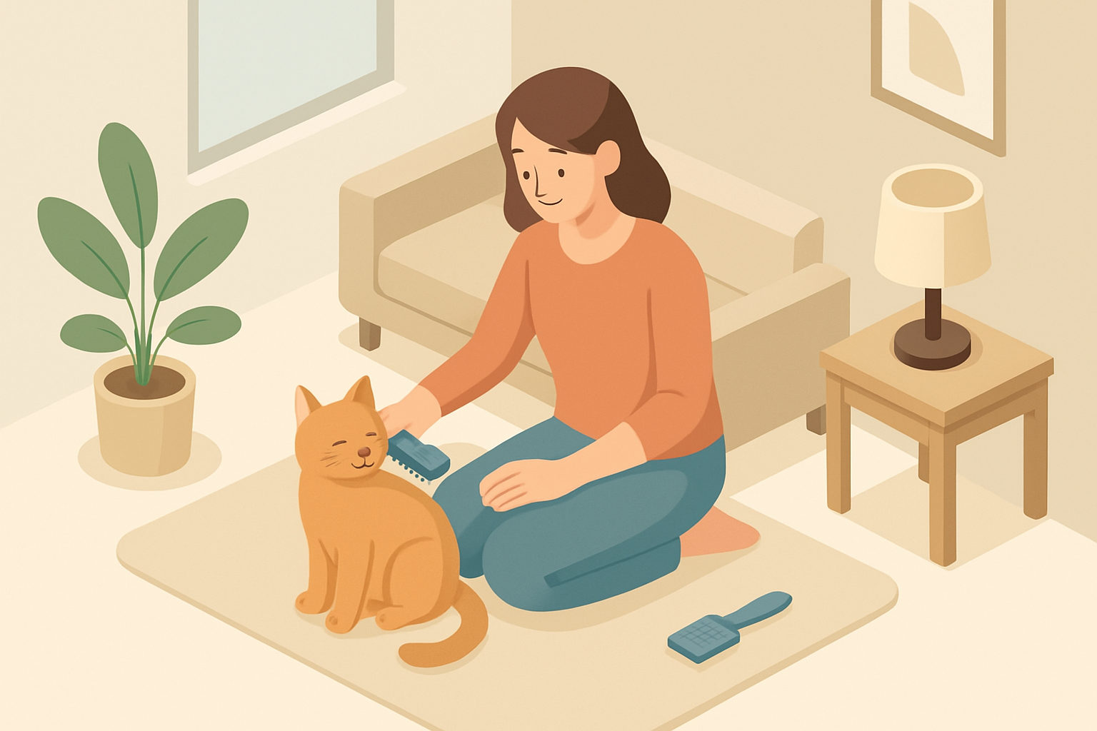 猫をブラッシングしている穏やかな室内シーン