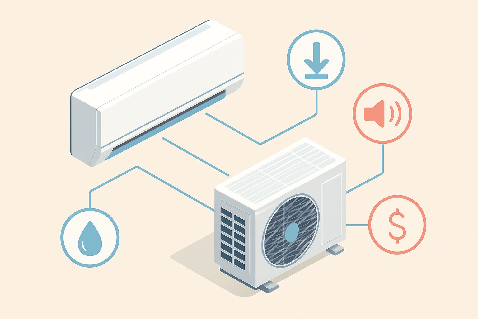 エアコンの室内機と室外機を並べ、効きの低下・異音・水漏れ・電気代の上昇という4つのチェックポイントを引き出し線で示した図(アイソメトリック風・幾何学的でクリーンな作画)