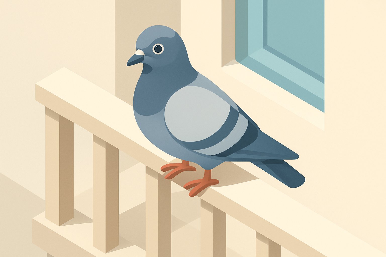 ベランダの手すりにとまる鳩をアイソメトリックで表現したイラスト