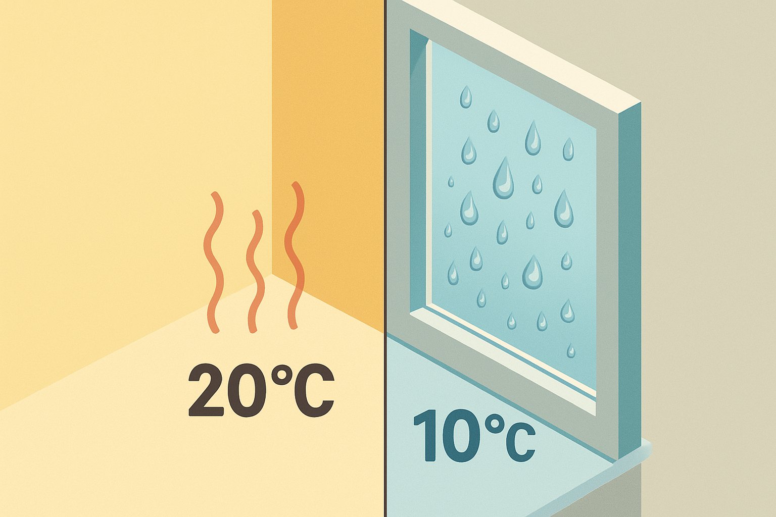 暖かく湿った室内の空気が冷えた窓ガラスに触れて水滴になる断面図。室温20℃・窓の表面温度10℃という数値を添える(アイソメトリック風・幾何学的でクリーンな作画)