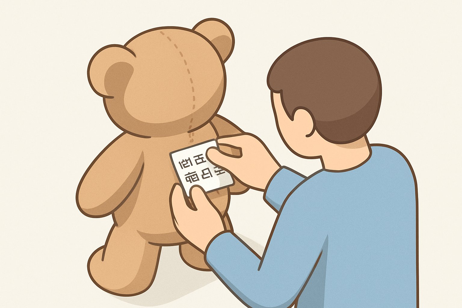 ぬいぐるみの背中の縫い目についた洗濯表示タグを確認している様子をアイソメトリックで表現したイラスト