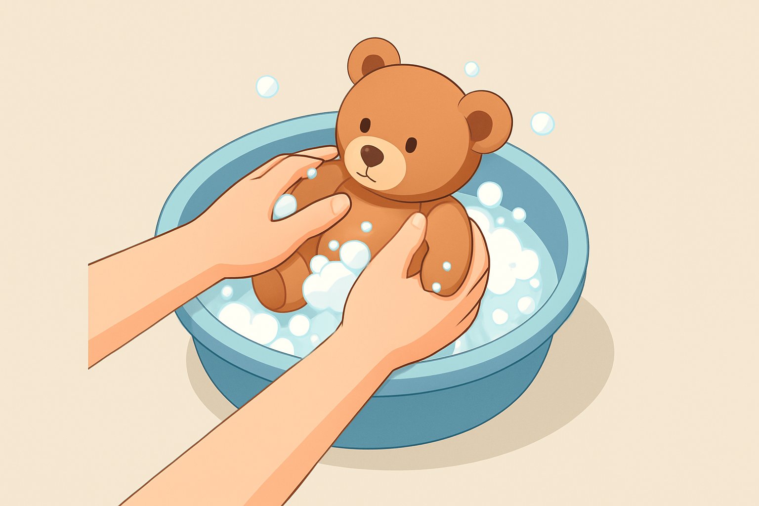 洗面器の中でぬいぐるみを両手で押し洗いしている様子をアイソメトリックで表現したイラスト
