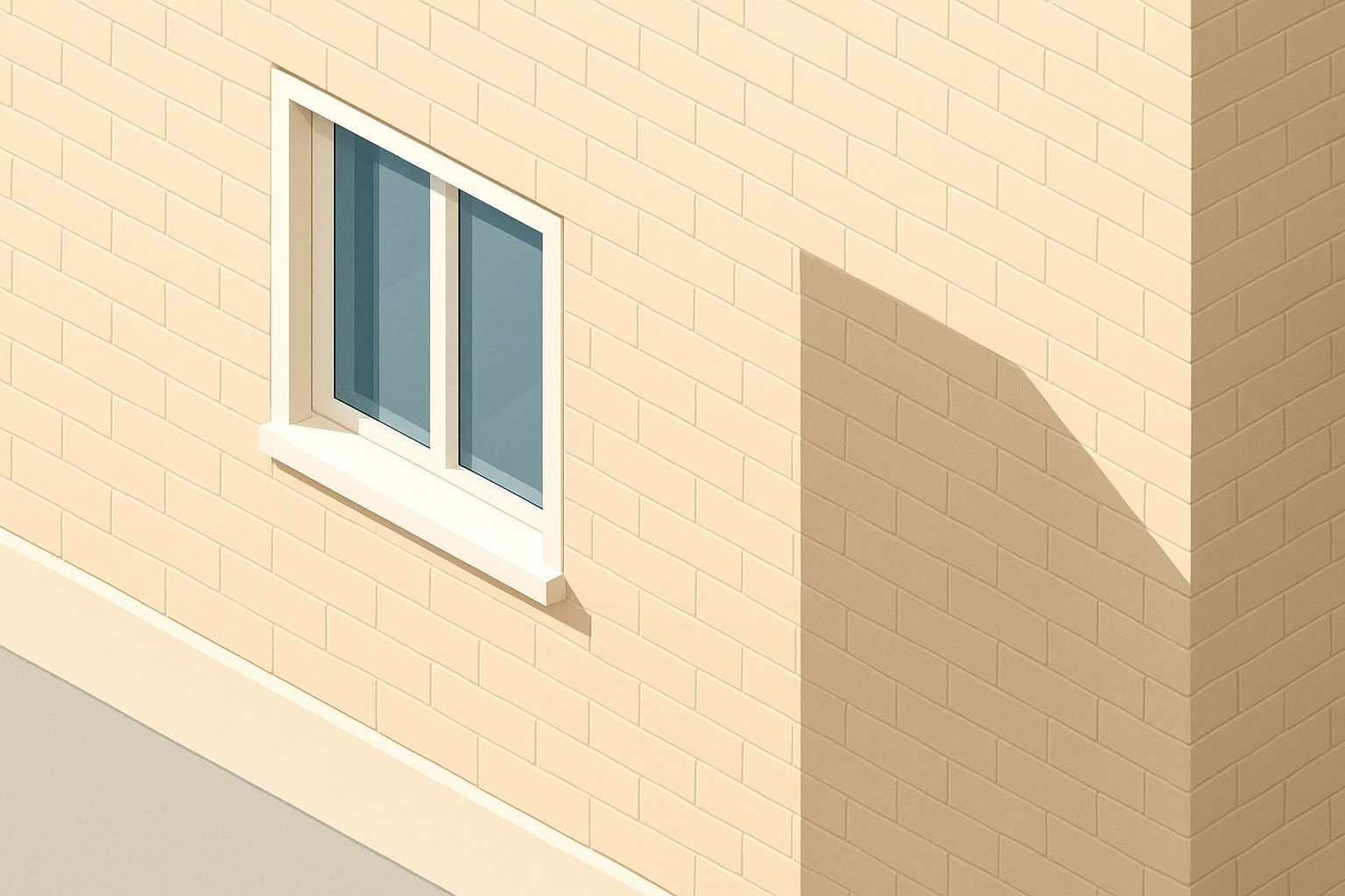 住宅の外壁と窓まわりを描いたアイソメトリックイラスト。壁面に日が当たり、窓のすき間が強調されている