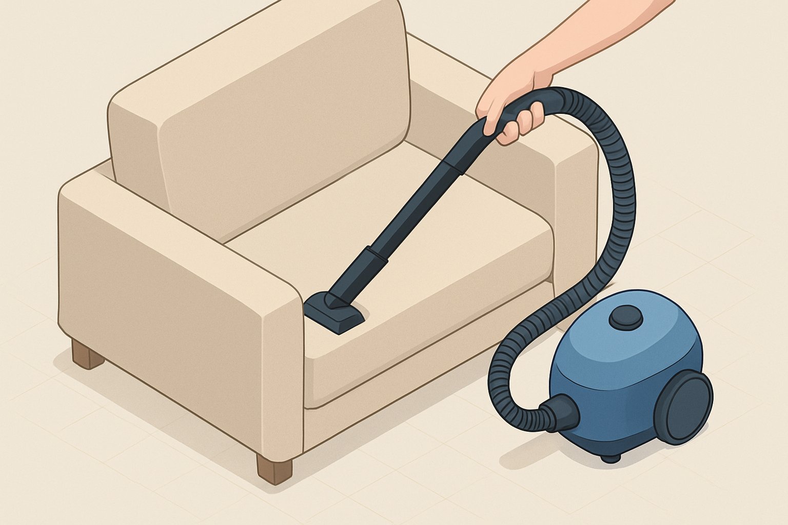 布ソファのクッションを外し、隙間ノズルで縫い目を掃除機がけしている様子（アイソメトリック）