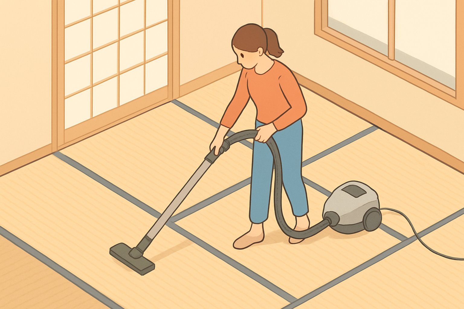 和室で畳の目に沿って掃除機をかけている様子（アイソメトリック風）