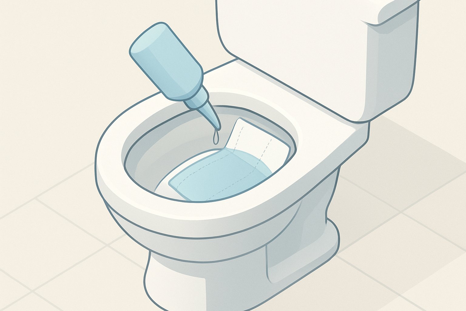 便器の内側にトイレットペーパーを貼り付けて洗剤を含ませているパックの様子（アイソメトリック風・幾何学的でクリーンな作画）