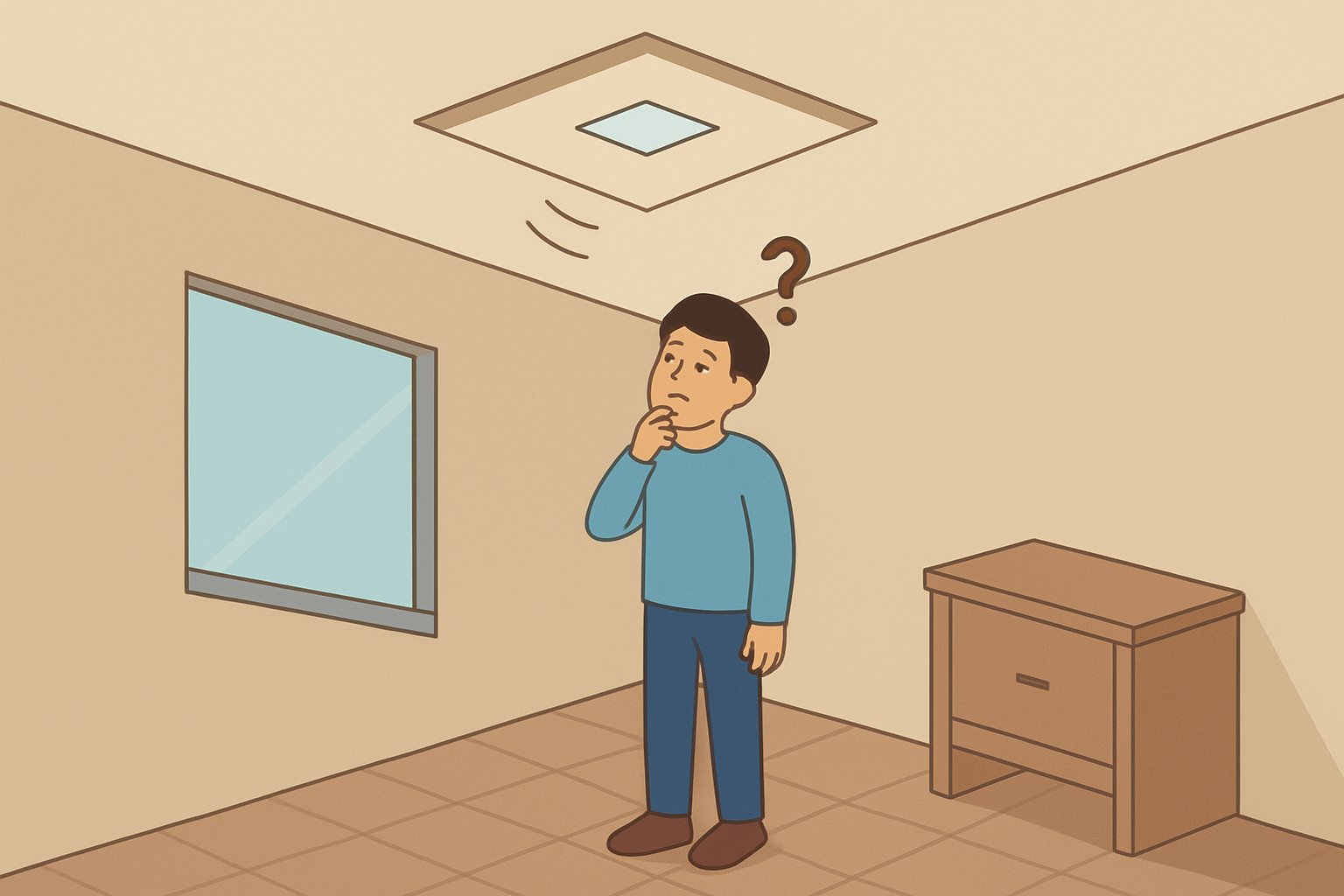 天井を見上げて物音を気にする住人のイメージ
