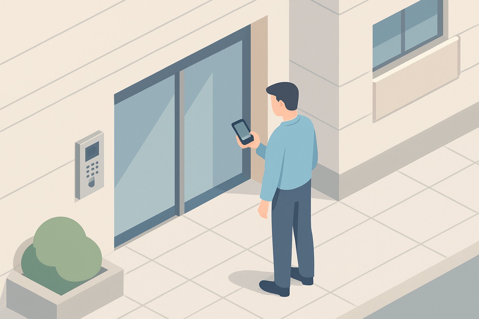 マンションのオートロック付きエントランスの前で、スマートフォンを手に連絡している人のアイソメトリック図
