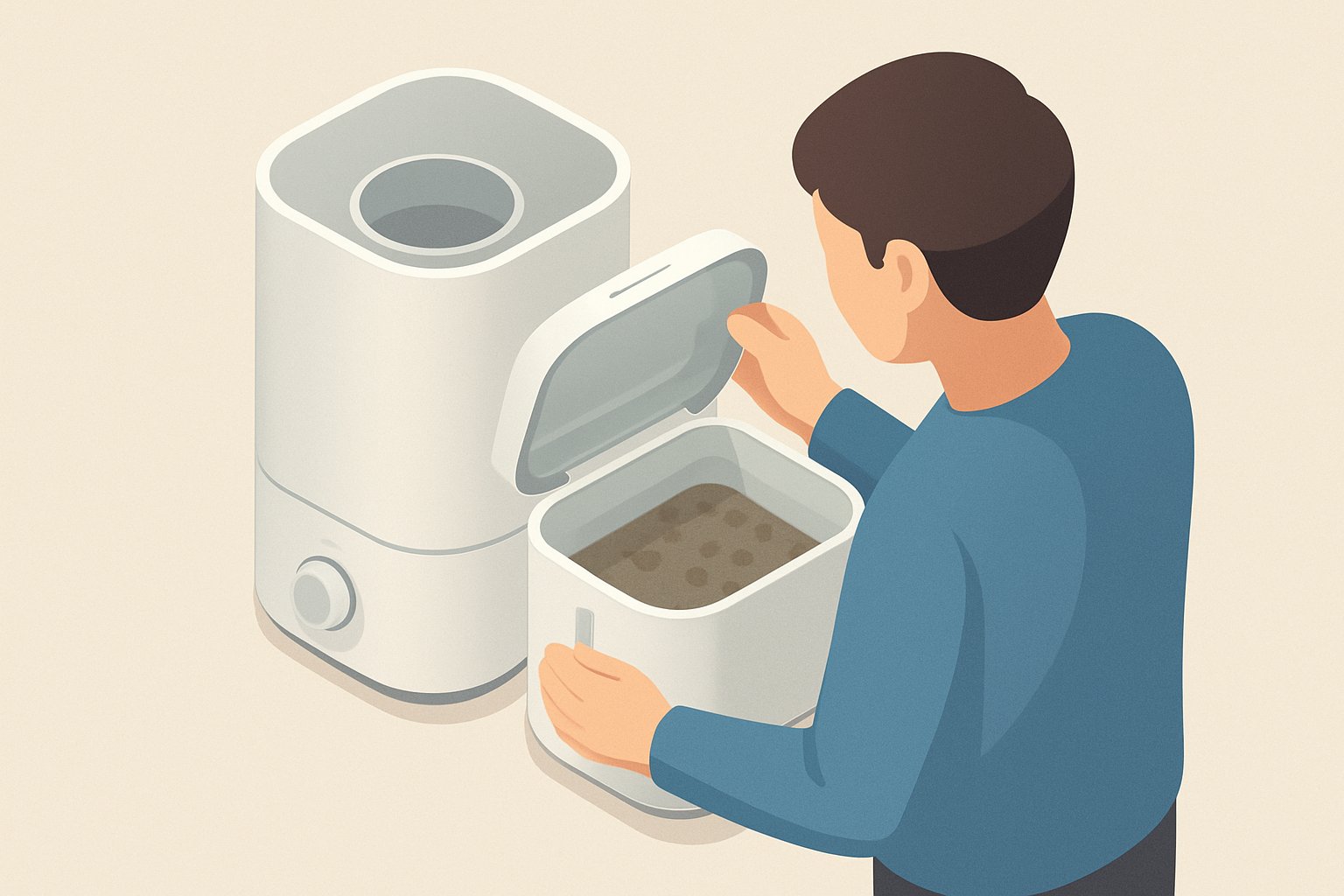 加湿器のタンクを開けて内側の汚れを確認しているイメージ