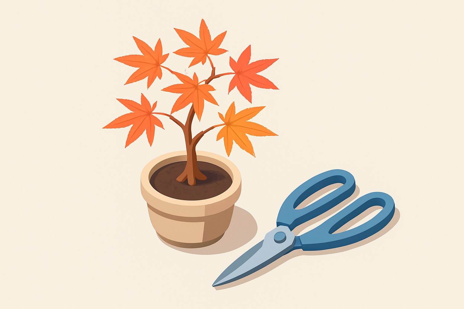 陶器の鉢に植えられた小さなもみじの盆栽と、剪定ばさみが並んでいるイメージ