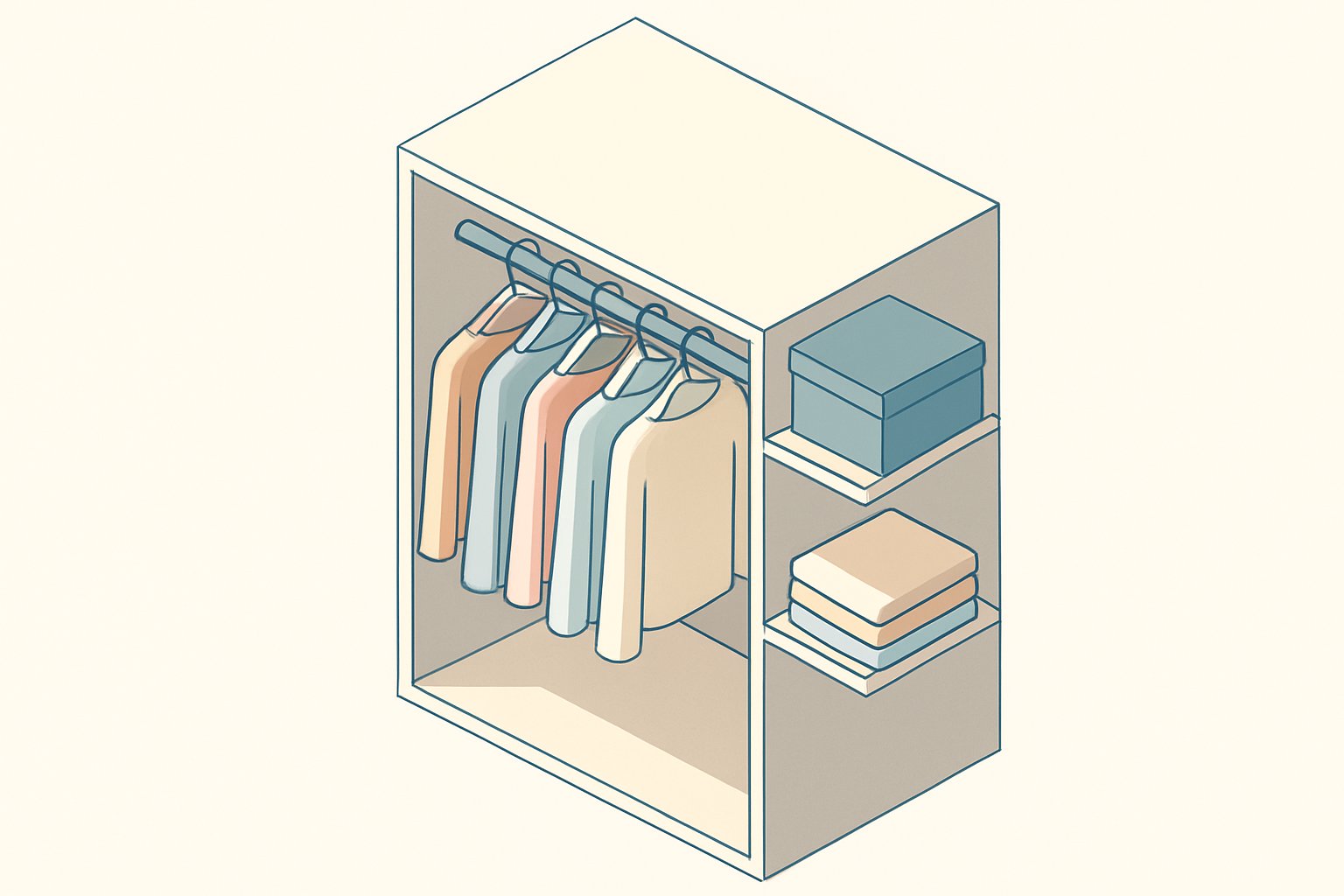 クローゼットの断面図で、掛ける服・たたむ服・上段の収納ケースの配置を示した図（アイソメトリック風・幾何学的でクリーンな作画）