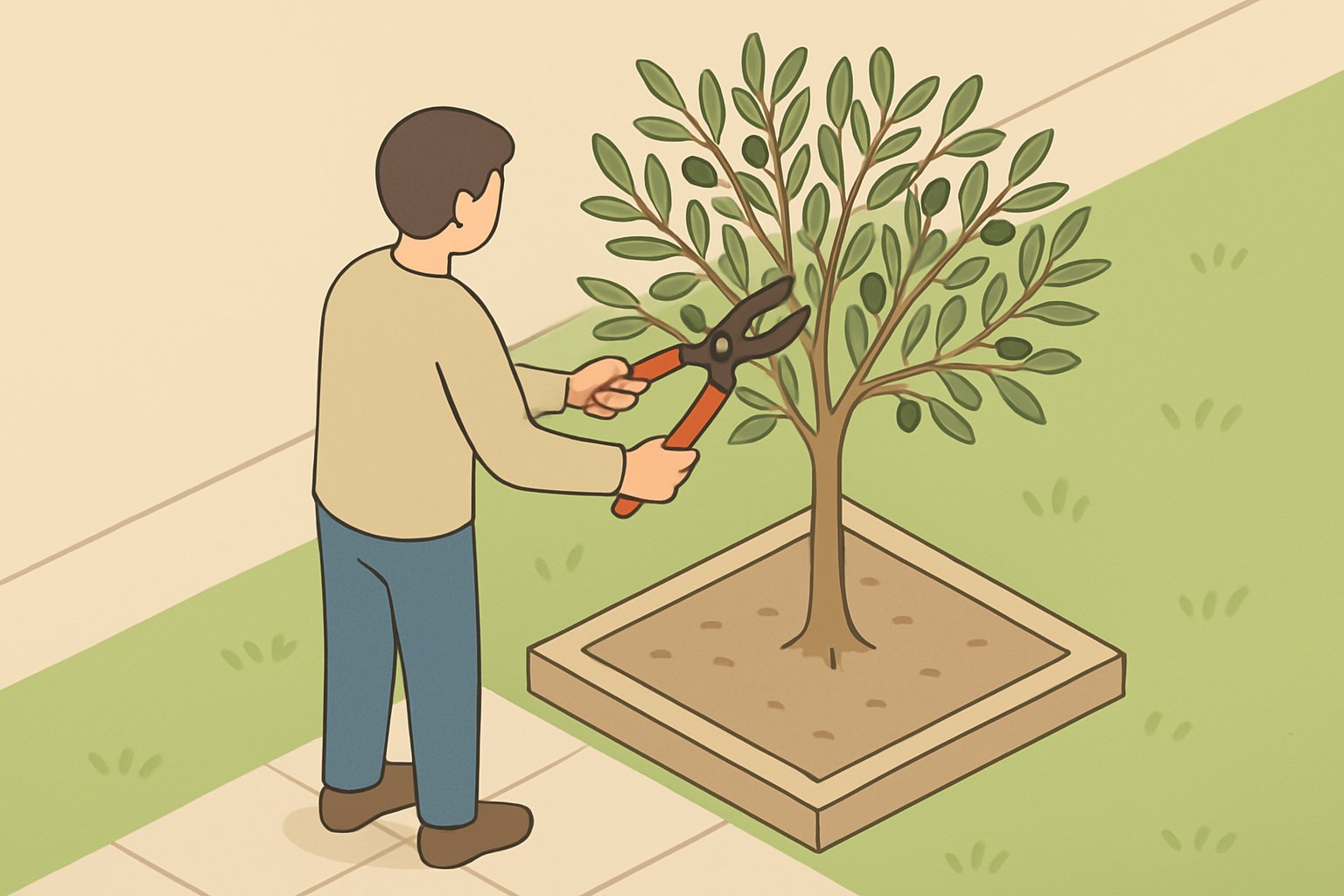 庭に植えられたオリーブの木を剪定ばさみで整えている場面のアイソメトリック図