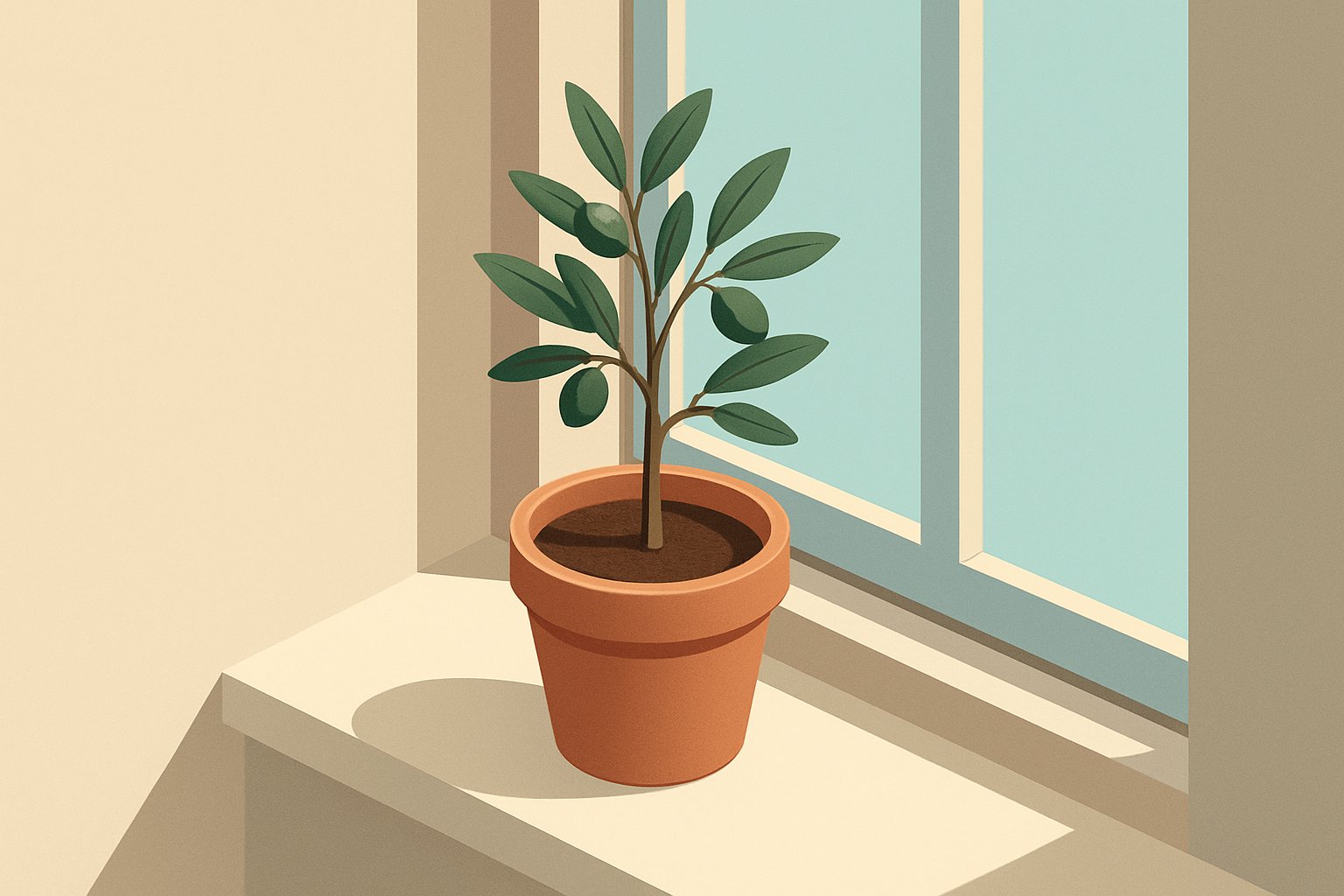 テラコッタ鉢に植えられたコンパクトなオリーブが窓辺に置かれているアイソメトリック図