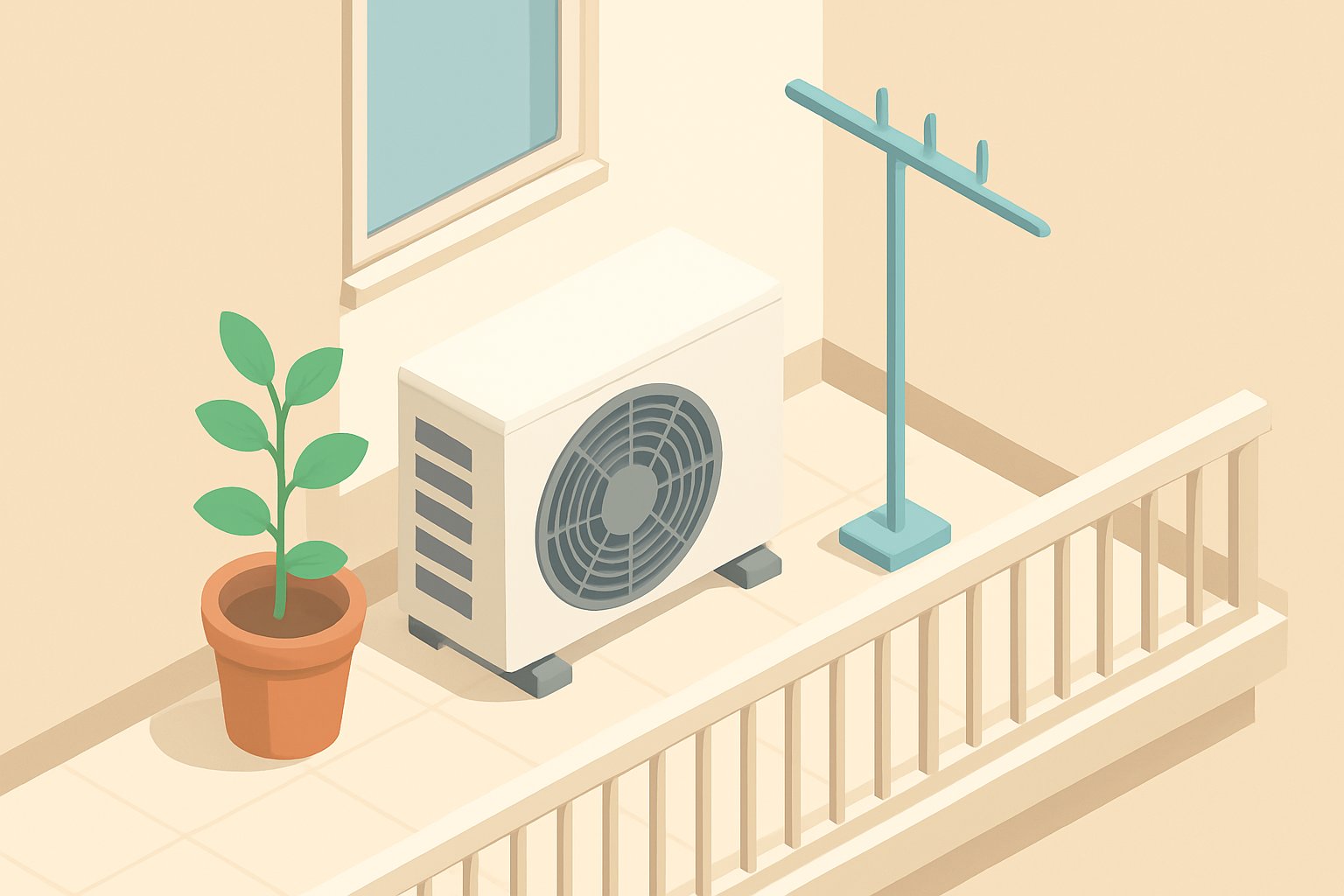 ベランダに置かれた室外機の前と左右に十分なすき間があり、植木鉢や物干し台が離れた位置に置かれているイメージ
