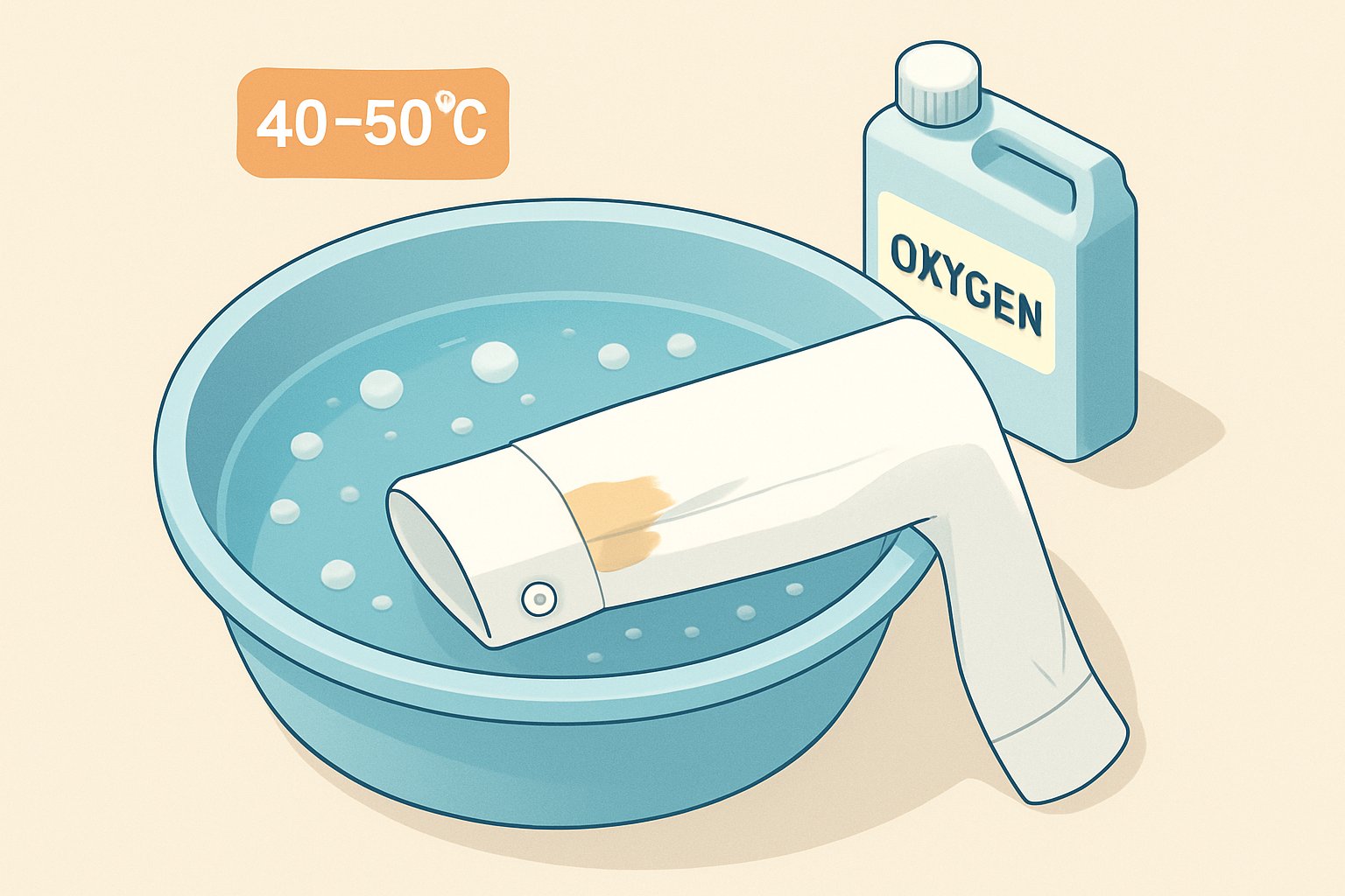 40〜50℃のお湯を張った洗面器に、コーヒーのシミがついた白いシャツの袖口部分を浸して、酸素系漂白剤でつけ置きしているイメージ