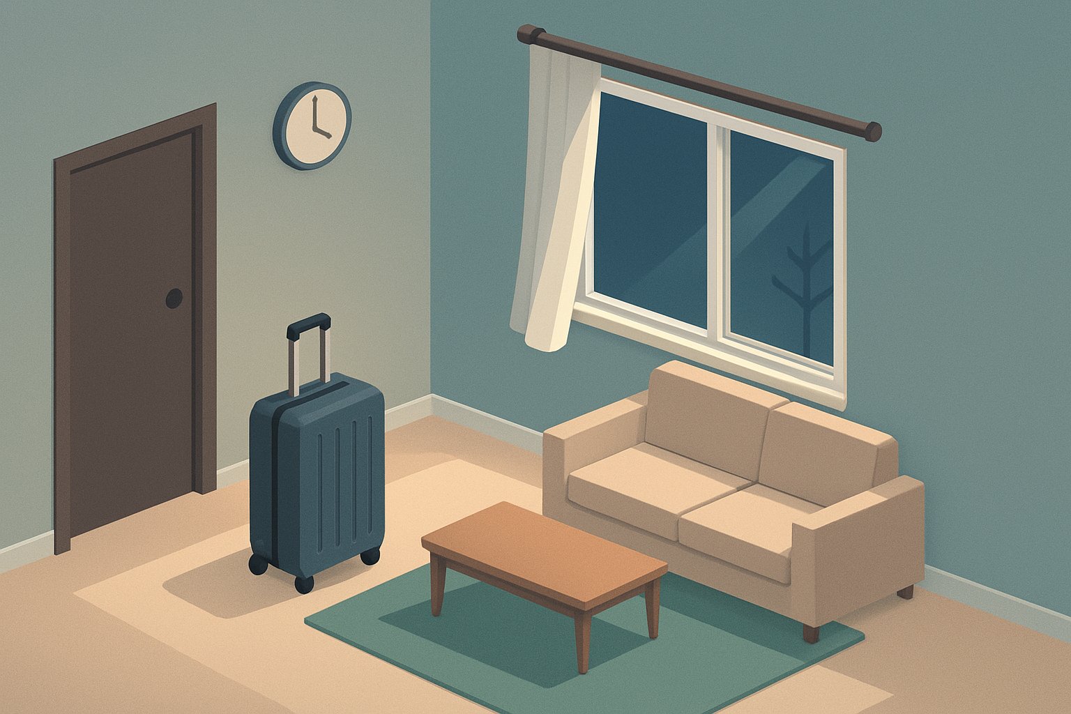 年末の帰省から戻った夜、玄関に荷物を置いたまま、リビングの窓を少し開けて換気しているイメージ