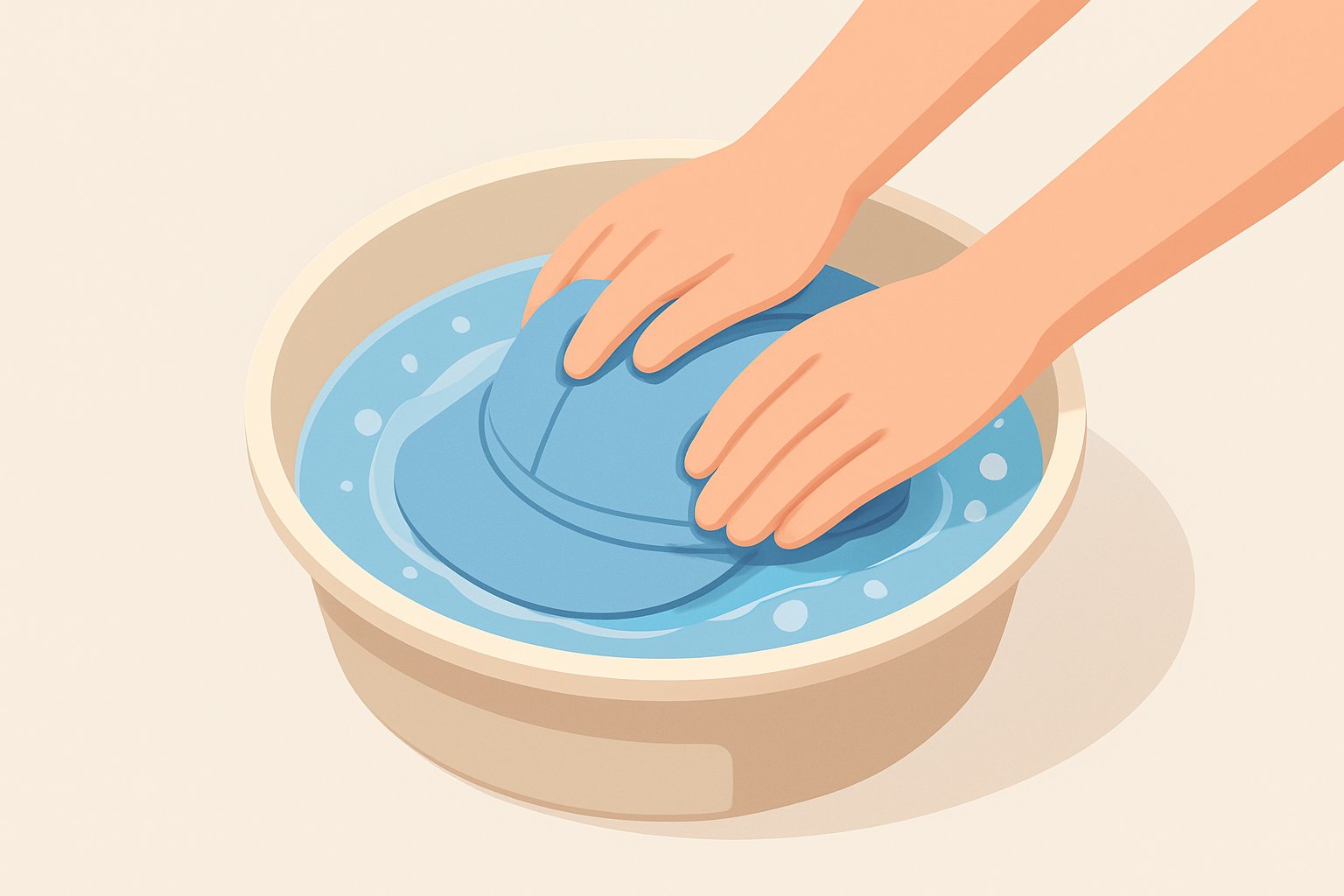 洗面器のぬるま湯に布のキャップを沈め、つばを両手のひらで挟んでやさしく押し洗いしている手元のイメージ